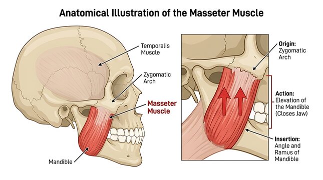 Anatomy diagram showing human masseter muscle origin and insertion points