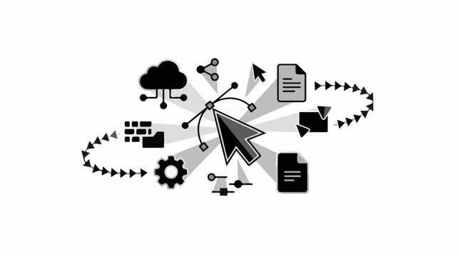 Digital icons connected to a central cursor representing technology