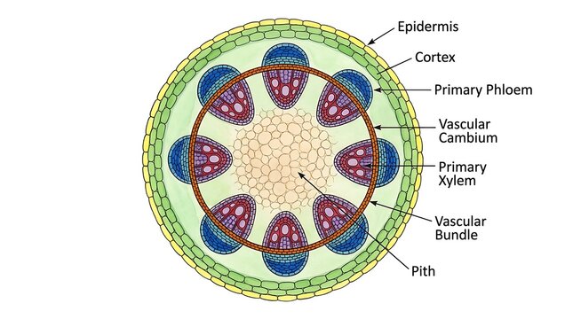 Microscopic cross section structure of a dicot stem plant biology diagram
