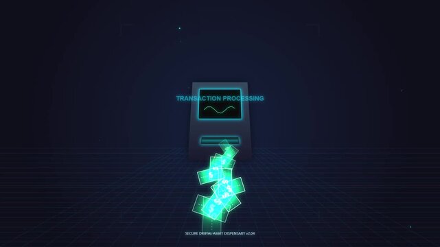 Digital financial kiosk processing transaction with glowing neon money