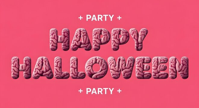 Happy halloween party text with brain texture typography on pink background