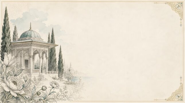 Imperial Ottoman Palace Pavilion Garden Cypress Tree Line Art Parchment Banner