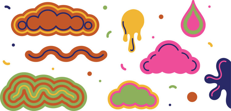 Abstract psychedelic vector shapes element collection featuring colorful clouds wavy lines melting drips and splash liquid blobs for retro trippy groovy design backgrounds