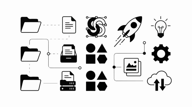 Digital icons represent data folders files shapes and cloud storage