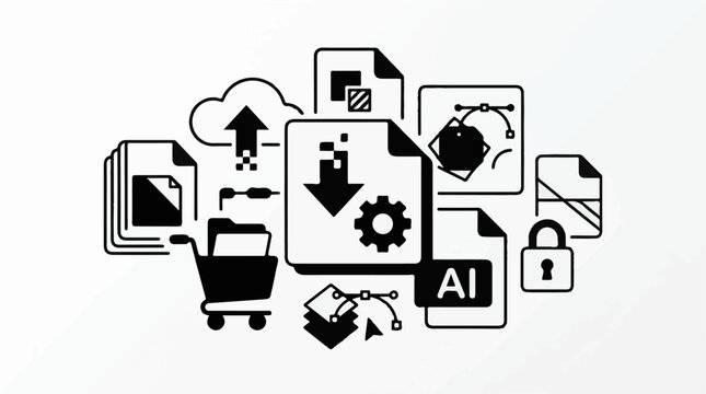 Digital icons representing files shopping and data security