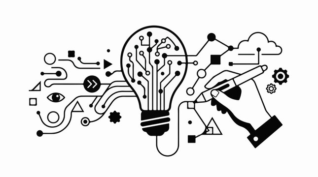 Digital idea generation with connecting lines a lightbulb and a hand