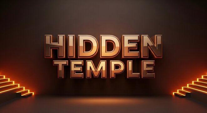 Hidden temple 3d metallic gold text with glowing stairs on dark background