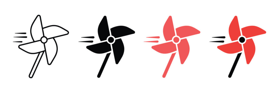 Minimalist pinwheel icon set, spinning paper windmill vector illustrations, red and black wind turbine symbols for renewable energy and childhood concepts