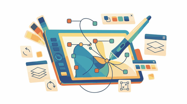 Digital illustration of a graphics tablet with design elements
