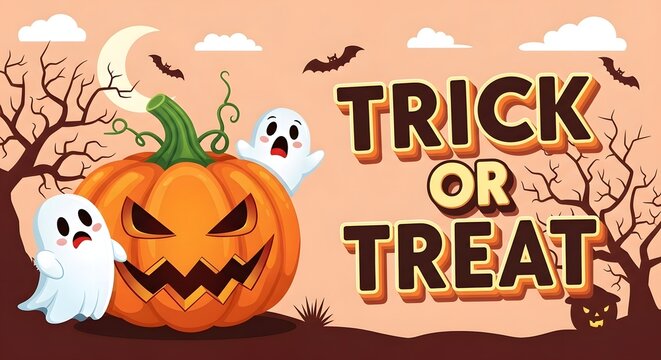 Halloween trick or treat banner with spooky pumpkin, cute ghosts, bats, and moon, perfect for holiday celebrations