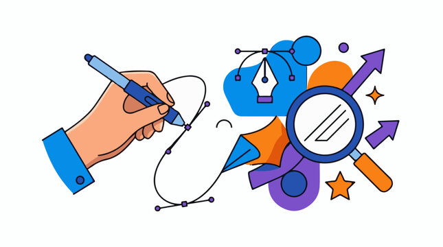 Digital illustration of a hand using a stylus on a vector path
