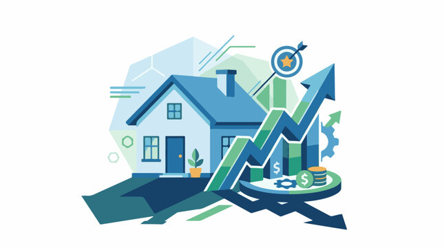Digital illustration of a house with upward financial growth