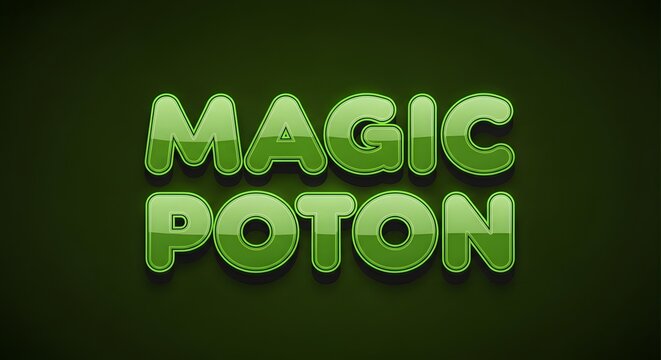 Magic potion 3d text effect with glossy green letters on dark background