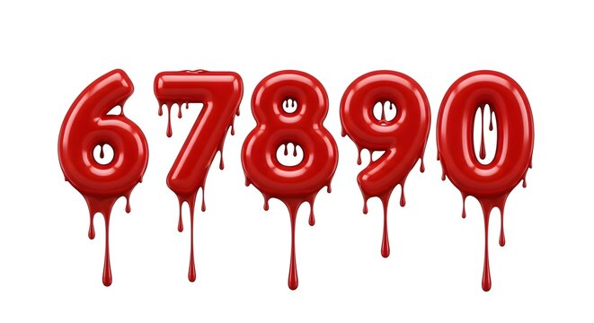 Red glossy numbers 6 7 8 9 0 with melting liquid paint drip effect