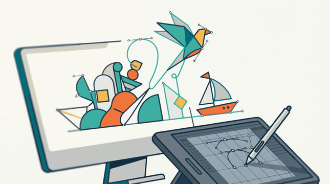 Digital illustration of abstract shapes forming a bird sailboat and geometric objects