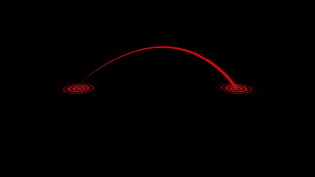 Red Curved Trajectory Line Connecting Two Circular Targets on Black Background Keywords: trajectory, curve, red, line, connection, target, circle, concentric, symbol, graphic, icon, movement, path