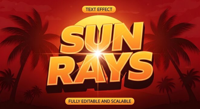 Sun rays text effect with tropical sunset background, editable 3d typography style for summer posters, beach party flyers, and vacation promotional designs