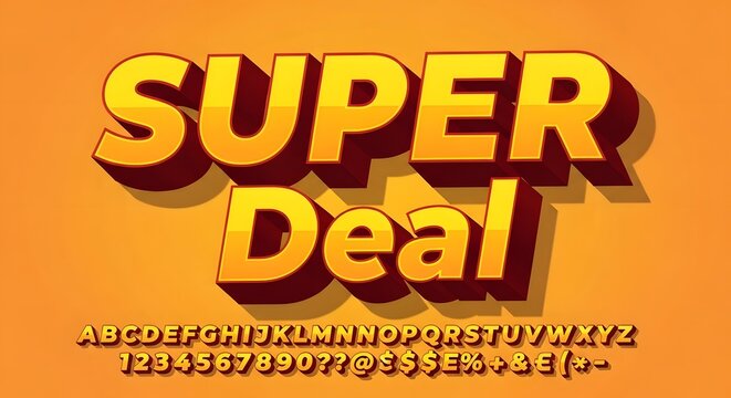 Super deal 3d text effect with glossy orange gradient and dark shadow, editable bold typography with full alphabet and numbers for sales promotion