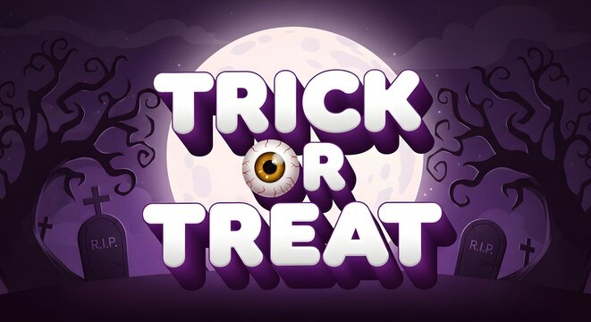 Halloween trick or treat text effect with spooky graveyard background and eyeball illustration