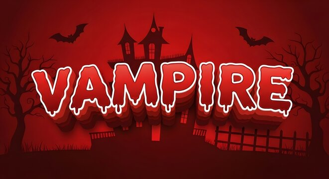 Vampire text effect with dripping blood style on haunted house background