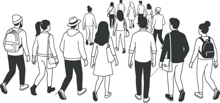 Rear back view group walking away architectural scale vectors showcasing diverse mixed gender people mid stride flat duotone illustration sheet