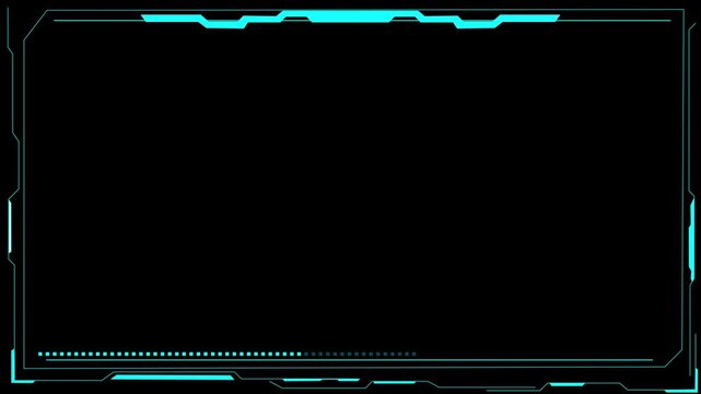 Cyan futuristic HUD frame black background glowing tech lines, angular border panels, loading style dots. for gaming AI dashboards, cyber intros, sci fi screens, broadcast overlays, digital title .