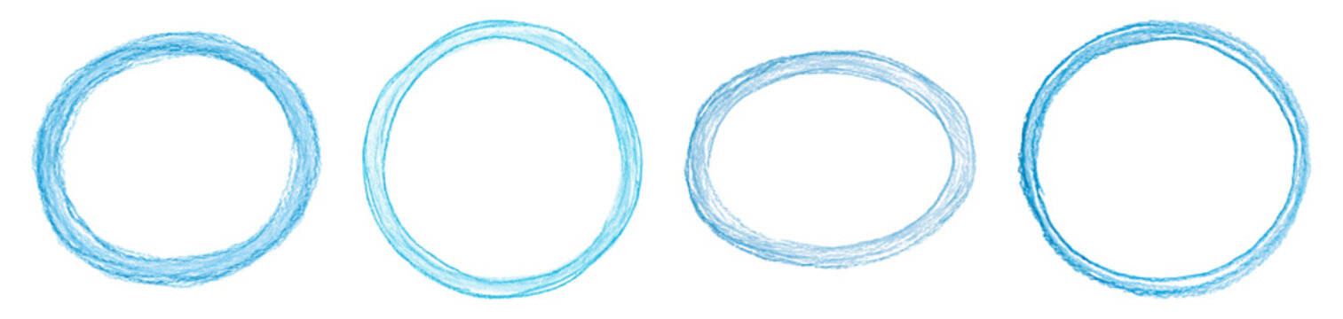 Four light blue hand drawn scribble circles with a crayon texture, creating unique organic outlines on a white background, useful for design elements and frames