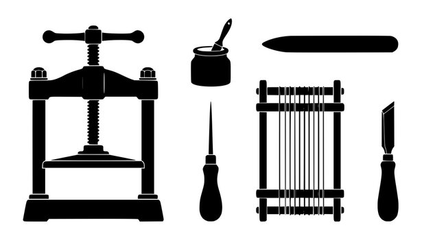 Vintage Bookbinding and Traditional Printing Equipment Silhouette Icon Set Featuring Book Press, Inkwell, Awl, Sewing Frame, and Bone Folder Vectors