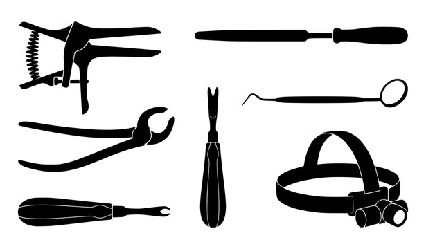 Medical Dental Surgery and Oral Examination Clinic Instruments Silhouette Icon Set Featuring Extractor Forceps, Probe, Elevator, File, Speculum, and Headlamp Vectors