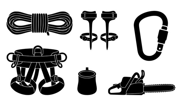 Professional Climbing and Mountaineering Gear Silhouette Icon Set Featuring Safety Harness, Rope, Carabiner, Pitons, Chalk Bag, and Ascender Vectors