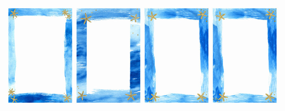 Watercolor blue border frames presenting a vibrant marine theme with golden glitter starfish and ocean texture, providing decorative templates for summer layouts