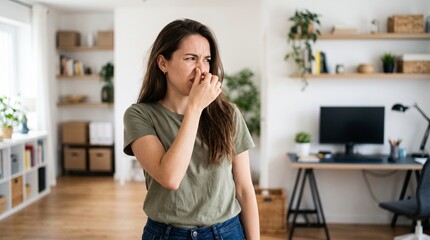 Fototapeta premium Disgusted Young Woman Pinching Her Nose Because of an Unpleasant Smell Indoors, Concept of Bad Odor, Poor Air Quality, Spoiled Food and Household Hygiene