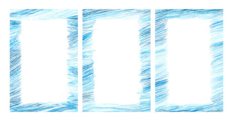 Three hand drawn vertical rectangular frames feature textured cool toned blue and cyan colored pencil scribbles © Mari