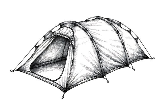 Black dome camping tent pitched on flat ground