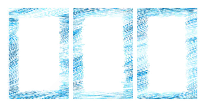 Three hand drawn vertical rectangular frames feature textured cool toned blue and cyan colored pencil scribbles