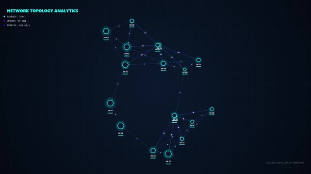 Digital Network Topology Analytics Map with Glowing Data Nodes and Lines
