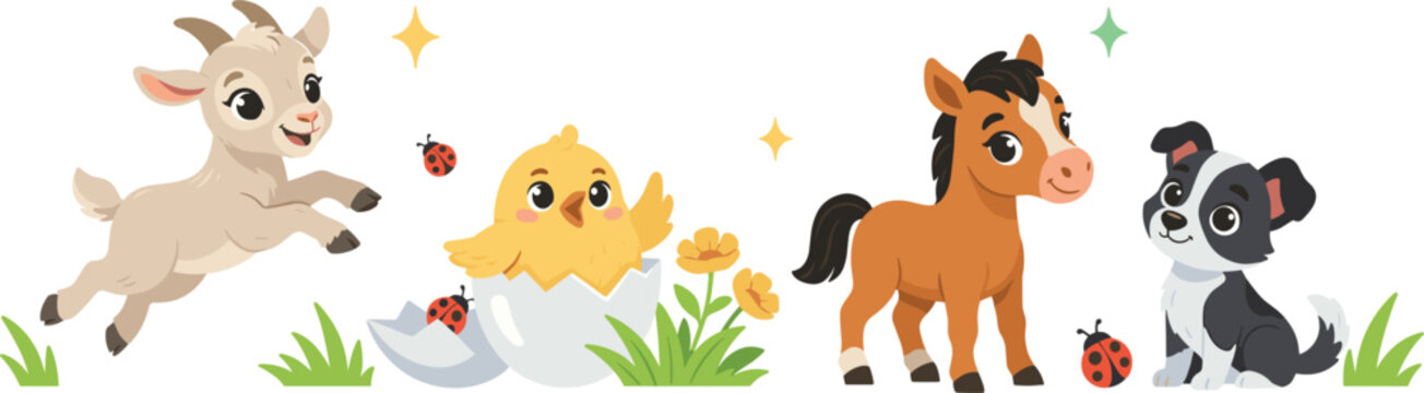Cute baby farm animal vector horizontal border banner featuring cartoon goat chick hatching foal horse and border collie puppy