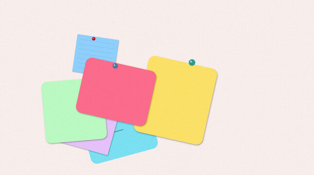 Colorful sticky notes with push pins on a light textured background, bright pastel organization tools for planning