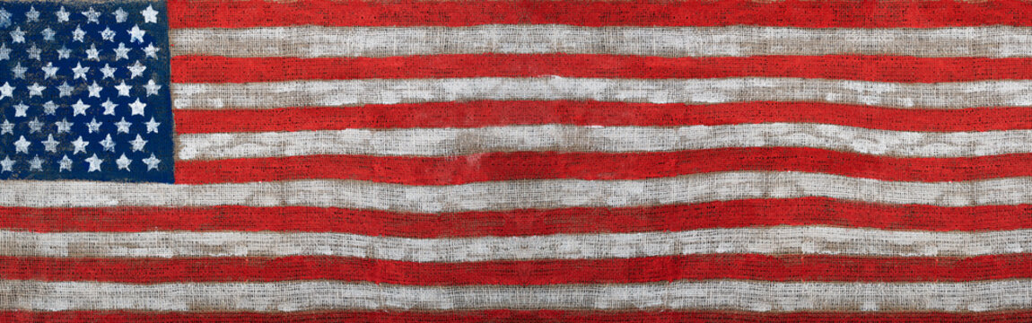 American flag painted on rustic burlap fabric. Patriotic USA background with vintage texture for national holidays, elections, and design.