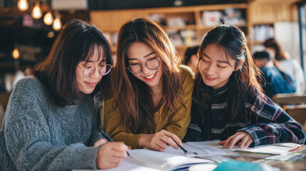 Obraz premium Three young women working together on study materials in a warm and inviting cafe atmosphere