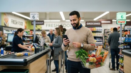 Fototapeta premium Customer Holding Shopping Basket filled with Groceries at Supermarket Cashier counter