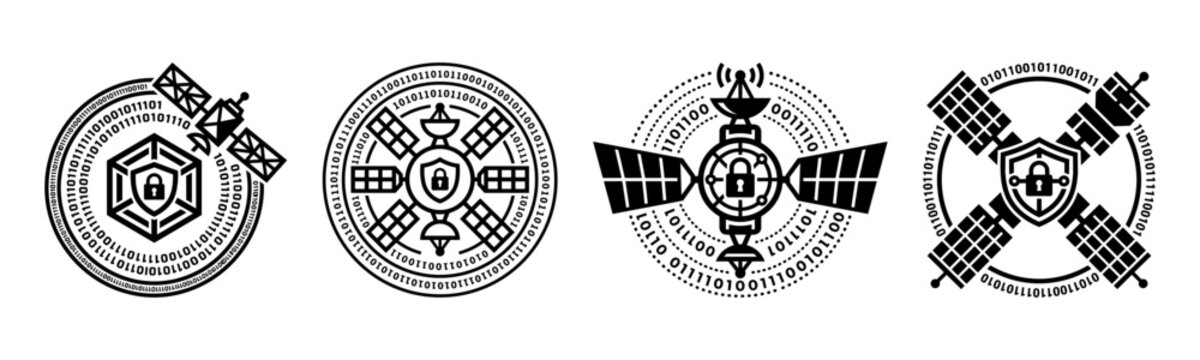 Satellite binary code encrypted security logos, abstract orbital data protection shield icon set isolated on white