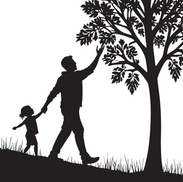 Father and son playing outdoors in sunny park. Family bonding activity with happy children and parent enjoying nature.