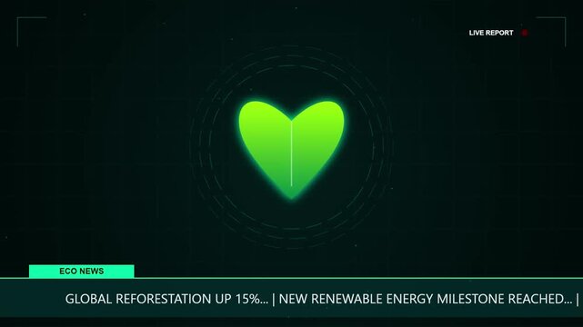 Eco News Digital Interface Showing Glowing Green Heart Leaf Icon