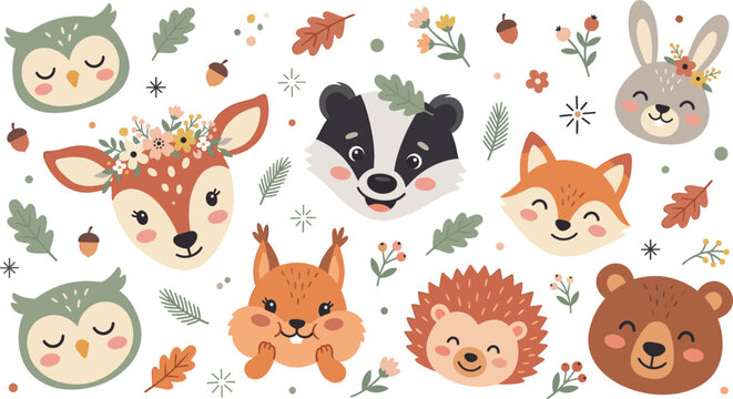 Cute woodland animal face vector element set featuring floral deer badger fox squirrel bear hedgehog owl and bunny characters