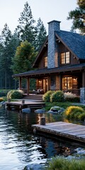 Fototapeta premium Luxury lodge by a calm lake featuring a wooden porch, stacked stone chimney, and two private docks, surrounded by lush nature