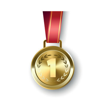 Gold medal for first place on red ribbon, vector illustration. Realistic gold award medal for the winner with number 1 and a laurel wreath on a red ribbon with a gold stripe. Vector clipart isolated o