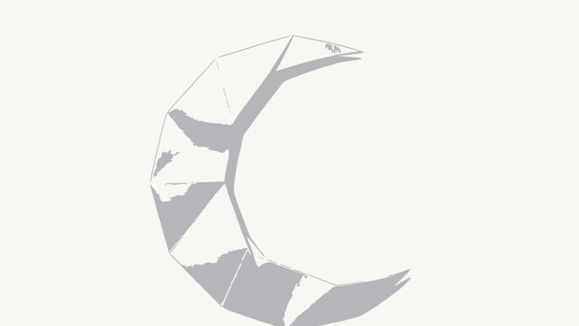 Geometric Origami Crescent Moon Crafted from Silver Foil Paper on Minimalist White Background