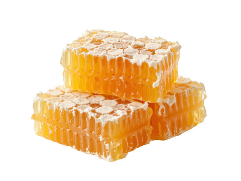 Honeycomb chunks with natural golden honey and beeswax, isolated on transparent background
