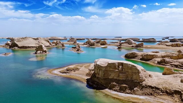 Aerial view of water yardang landforms in a turquoise lake in Qinghai, China